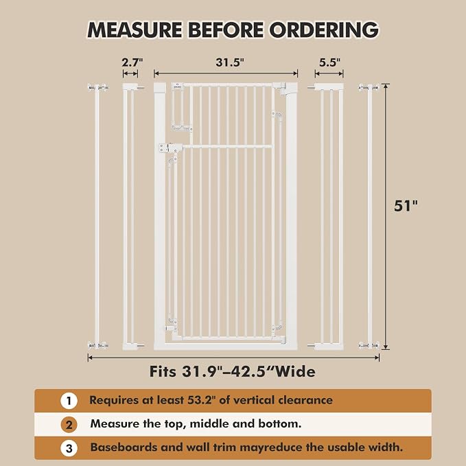 51" Extra Tall Pet Gate for Cats & Dogs, 31.9–42.5" Wide, White | Indoor Pet Gate,Fits widths of 31.9-42.5“,51" Extra Tall, Pressure or Hardware Mount