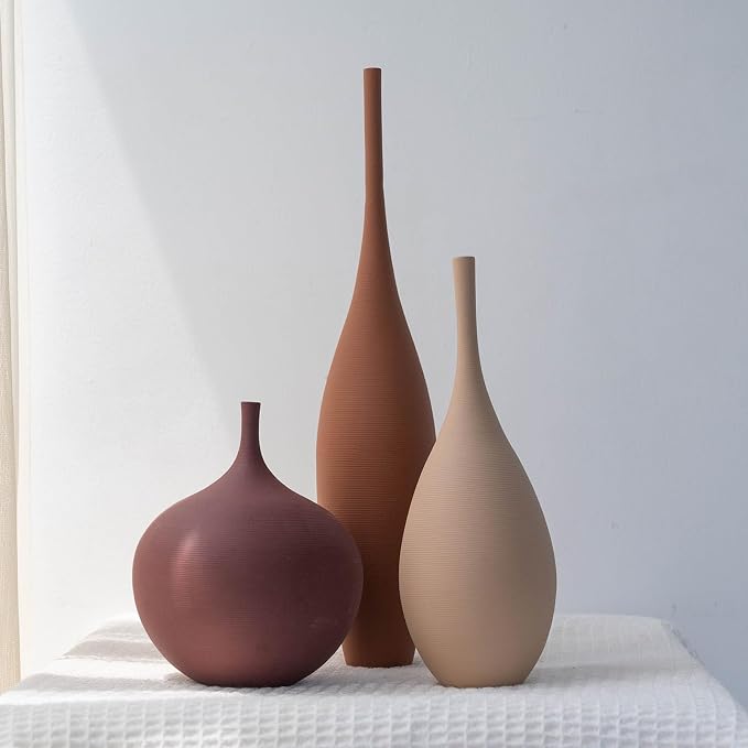 Relexome Ceramic Modern Vase Set of 3 Farmhouse Decorative Vase Minimalist Aesthetic Vases for Centerpieces Matte Ribbed Vases for Home Decor Table Entryway Living Room (Brown+Khaki+ Dark Red)