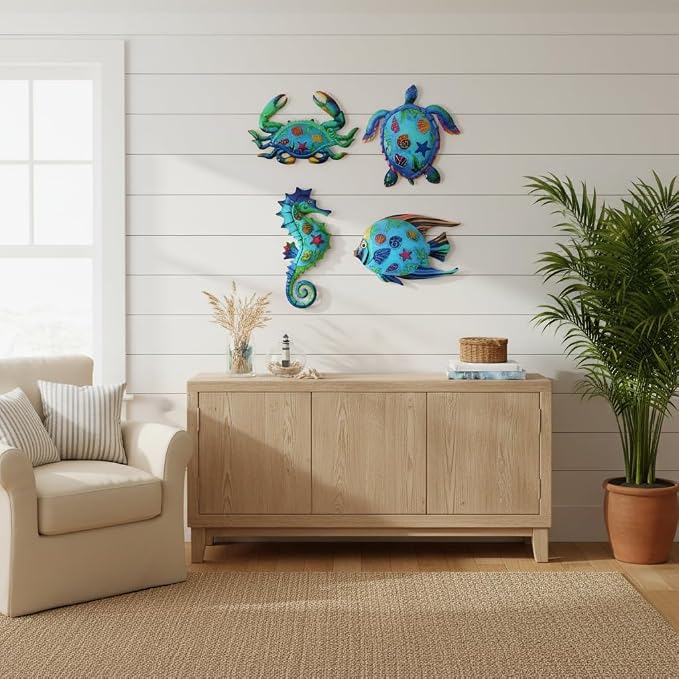 VEWOSTAR Metal Ocean Wall Art Decor Outdoor,Beach Wall Sculpture Set of 4 | Themed House Decor for Bathroom, Coastal Patio, Garden Fence, Pool Wall Art, Nautical Outdoor Decor Gift