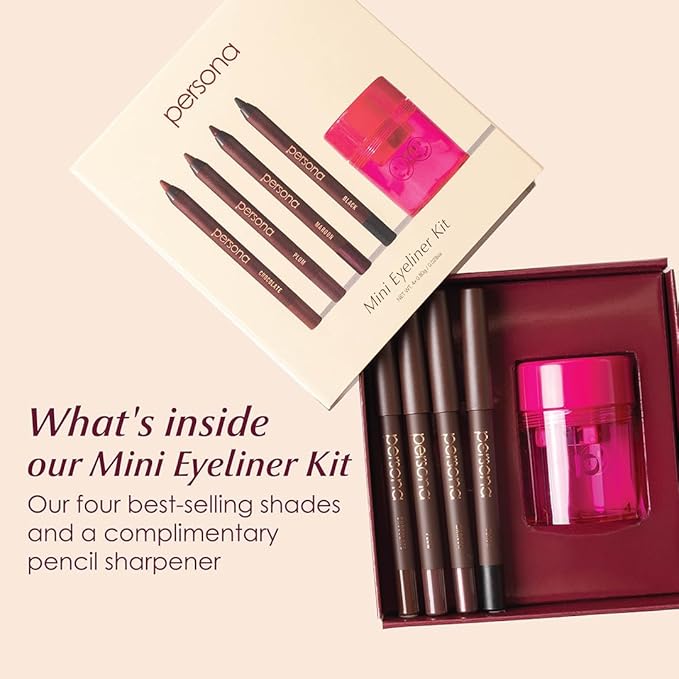PERSONA Cosmetics Mini Eyeliner Kit + Sharpener | 4 Eyeliner Minis | Chocolate, Black, Plum & Maroon | Creamy, Smudgeable, Long-Wear | Vegan, Cruelty-Free | Giftable Set