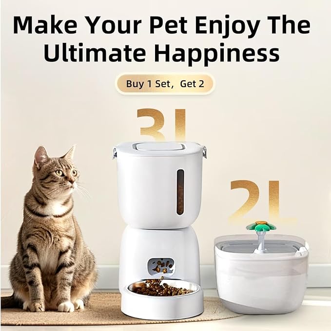 Casfuy 2-in-1 Automatic Cat Feeder & Water Fountain Set, White, 3-L & 2-L