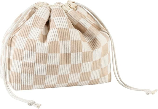 Cotton Quilted Drawstring Makeup Bag with Canvas Lining,Coquette Aesthetic Cute Travel Toiletry Bag,Drawstring Gift Bag for Women and Girls（19 Beige Checker）