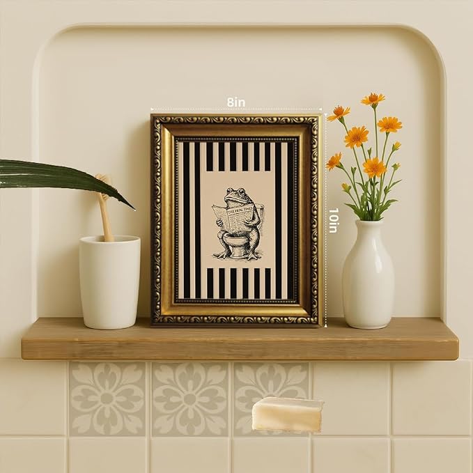 Funny Bathroom Wall Decor Art Vintage Whimsical Frog Gold Framed Wall Art | Black Beige Striped Picture Canvas Art Humour Animal Small Framed Prints Artwork For Vanity Shelf Restroom Toilet Powder Room