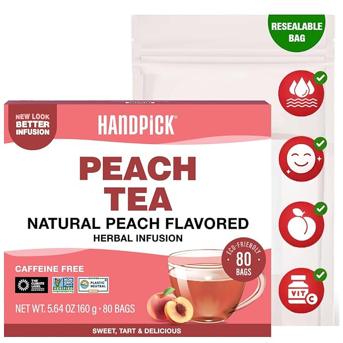 HANDPICK, Peach Tea Bags (80 Count) Non-GMO, Caffeine-Free - Peach, Hibiscus, Cinnamon, Cloves, Ginger | Floral & Refreshing Herbal Tea Bags, Brew Iced Tea or Hot Tea