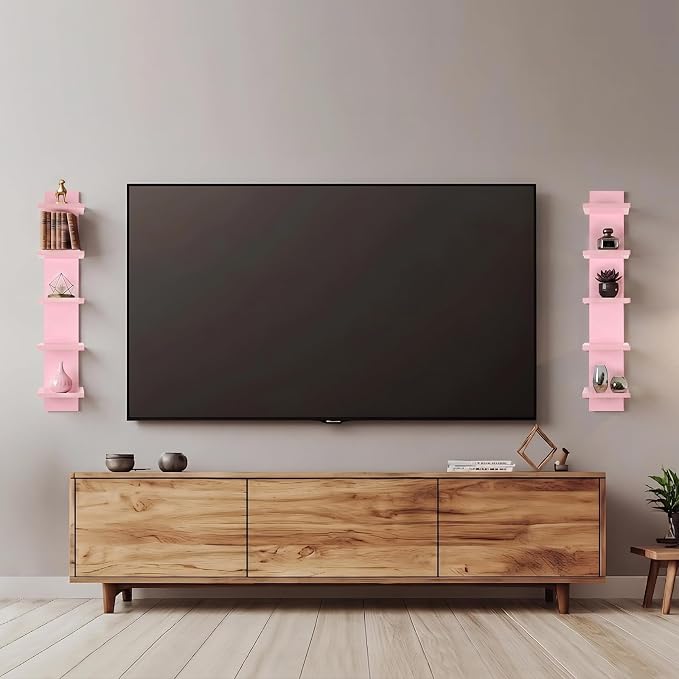 5 Tier Floating Wall Shelf, Pink | Modern Vertical Shelving Pink Room Decor Corner Shelf for Entryway, Bedroom, Bathroom, Study Room and Living Room