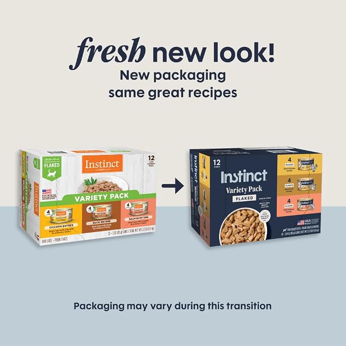 Instinct Flaked Entrees, Wet Canned Cat Food, Variety Pack, 3 oz (12 Count) | Tender flaked cuts in savory gravy, high protein, real meat, whole-food ingredients, grain-free, hydration support
