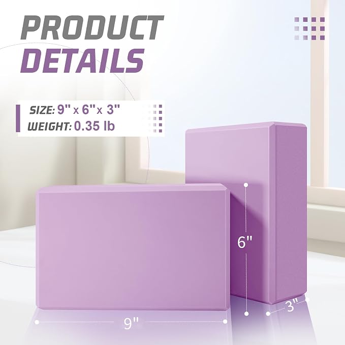 Yoga Blocks 2 Pack 3x6x9IN Foam Block Supportive Latex-Free with Beveled Edges, Non-Slip Exercise Blocks for Pilates, Meditation, Balance, Stretching and Deep Poses