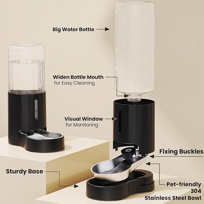 CZPET Dog Water Dispenser, Widen Mouth Gravity Refilling (9.5L, Black) | Upgraded Brush, Easy to Clean Automatic Dog Waterer with Removable Stainless Steel Bowl, Large Drinking Area for Multi-Pet