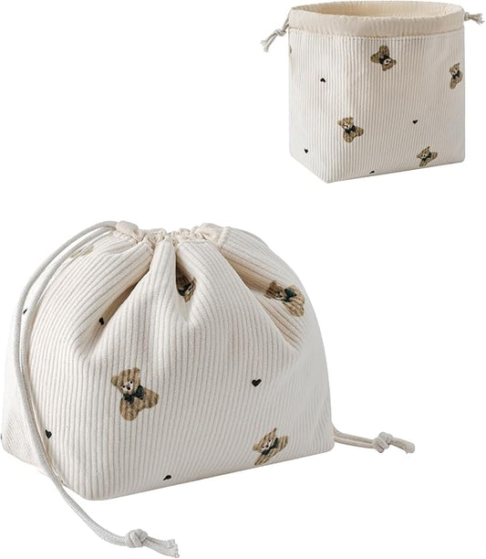RSRSLEII Aesthetic Corduroy Drawstring Makeup Bag, Cute Coquette Drawstring Cosmetic Bag with Canvas Lining, Bear Pattern Travel Makeup Organizer Case for Women Girls (02Beige Bear)