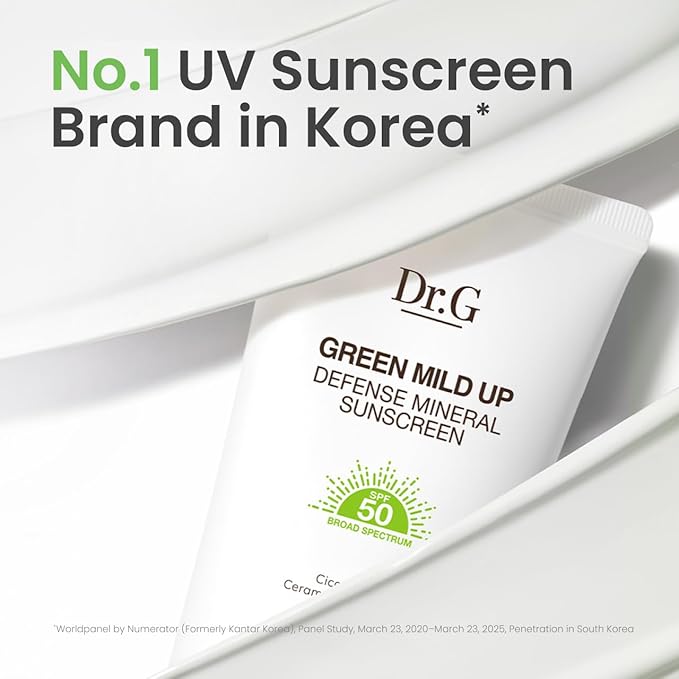 Dr. G Green Mild Up Defense Mineral Sunscreen - SPF 50 Broad Spectrum Korean Sunscreen - Lightweight & Reef-Safe Mineral Formula - For Sensitive Skin - Non-Greasy - With Centella Asiatica - 1.69 fl oz