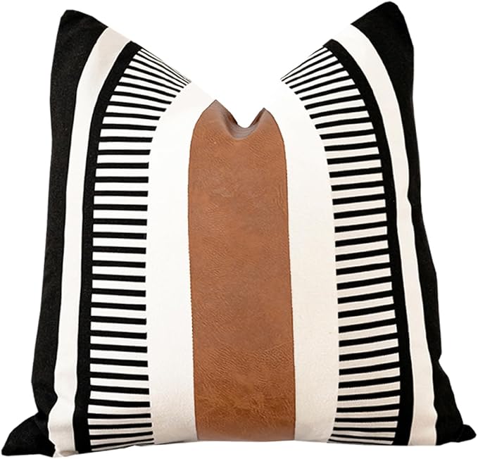 Farmhouse Stripe Euro Pillow Cover 26x26 Large Accent Cushion Cover Black and White Faux Leather Decorative Pillowcase for Sofa Couch Chair Bedroom Modern Decor,Black