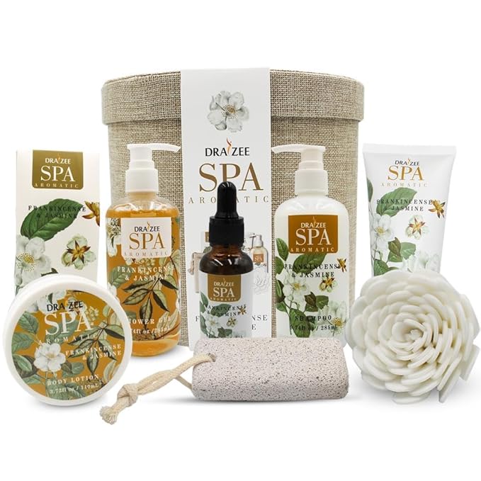 Mother’s Day Gift Baskets for Women- 9 Pcs Frankincense & Jasmine Scented Bath and Body Spa Self Care Kit, Relaxing Bath and Body Set, Home Spa Gifts for Her by Draizee
