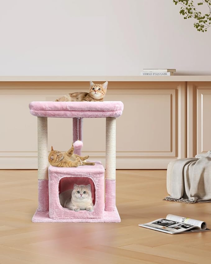 SYANDLVY Pink Cat Tree for Indoor Cats Large Adult, 27" Activity Tower | Scratching Posts, Modern House with Padded Perch, Kittens Condo, Cat Cave, Pink