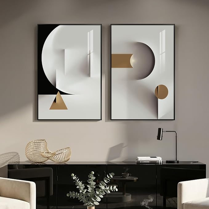 Large Framed Modern Elegant Abstract Wall Art, 2 Piece Black White Gold Geometric Prints Paintings Artwork for Walls, Minimalist Wall Pictures for Living Room Dining Bedroom Hallway Wall Decor 24x36 In