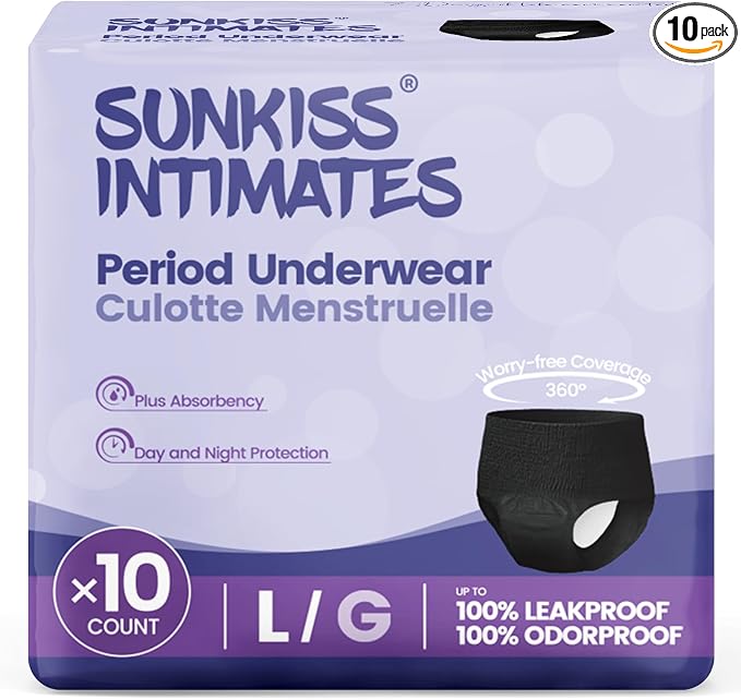 Disposable Period Underwear for Women with Heavy Flow, Low-Rise Unscented Postpartum Essentials, Black, Large, 10 Count