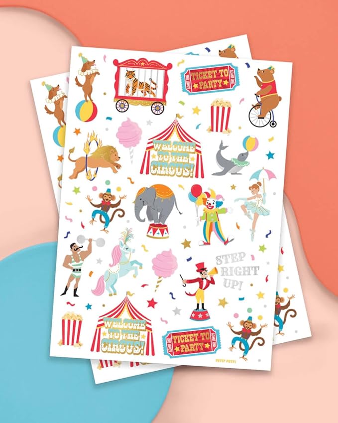 xo, Fetti Circus Party Temporary Tattoos - 42 Gold + Silver Foil Styles | Circus Birthday Party Supplies, Carnival Party Favors, Circus Animals Temp Tats, Clown Arts and Crafts (Pack of 2)