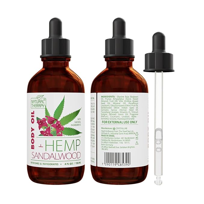 Natural Therapy Hemp & Sandalwood Body Oil – Moisturizing Body Oil – Hydrate & Soften Skin – Increase Skin Elasticity and Provide Anti-Aging Support (4 Fl.Oz)