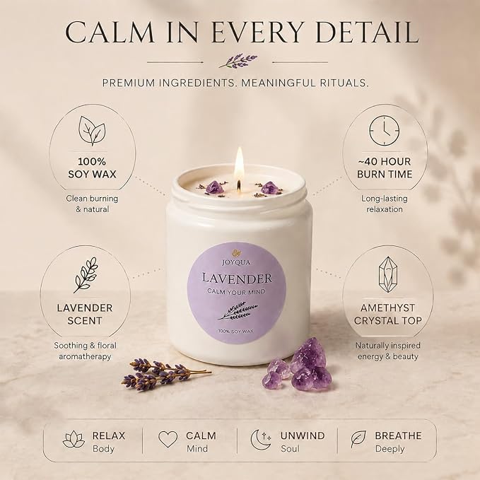 Meditation Candle Gift, 9 oz Lavender Crystal Candle, Gold Lid | White jar with gold lid, lavender soy candle, amethyst crystals, 9 oz, 40 hour burn, self care gift