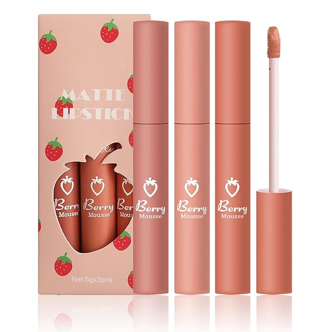 3Pcs Nude Matte Lip Lipstick, Velvet Smooth Crayon Lip Stain, Nude Lip Tint Long Lasting & Nourishing Lip Gloss Non-stick Cup Lipstick for Women Makeup (Set A, F)