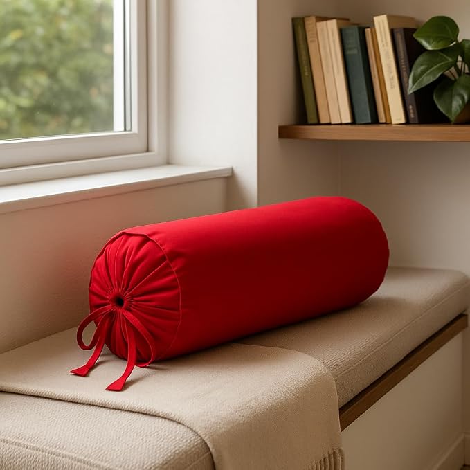 Cervical Neck Roll Pillow Cover with Cotton Bolster Pillowcases for Cylindrical Cushion and Drawstring Closure Round Neck Pillowcase 6" x 18" (15 x 45 cm) Red