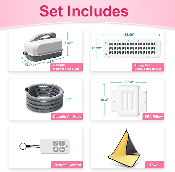 Portable Spa Bubble Bath Massager,Full Body Waterproof Spa Mat for Bathtub, 6-Speed Bubbles, Remote Control & Non-Slip Suction Cups for Home Relaxation Pink