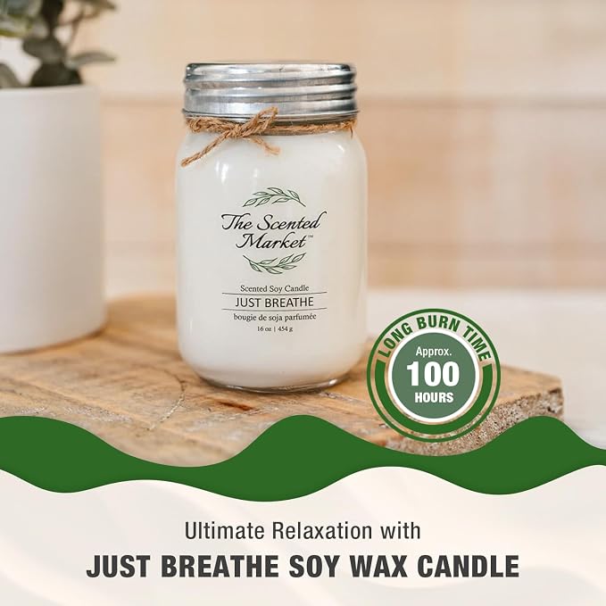 The Scented Market Aromatherapy Soy Wax Candle Just Breathe 16 oz Mason Jar, Over 100 Hours of Burn Time, Ideal for Your Home and Gift Giving.