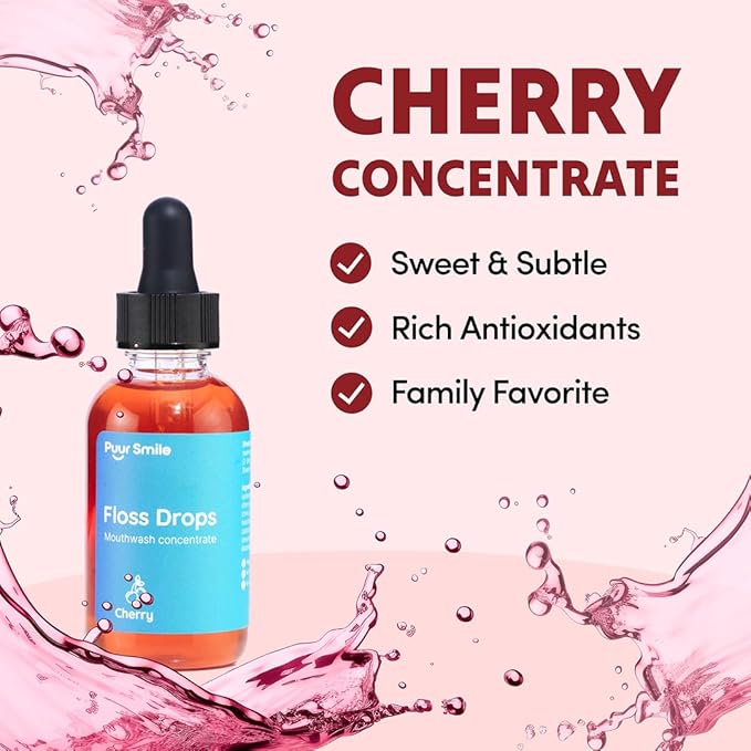 Puur Smile Concentrated Floss Drop Serum – 2oz Concentrated Mouth Wash to Use in Water Flosser | Natural Essentials Promotes Good Breath | Organic Drop Provides Good Oral Health (Cherry Flavor)
