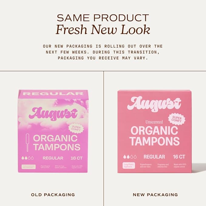 August Organic Cotton Tampons, 96 Regular Tampons Made with Organic Cotton, Long Applicators, Non-Toxic, Fragrance & Chlorine-Free, Hypoallergenic (6 Boxes of 16/12 Boxes of 8)