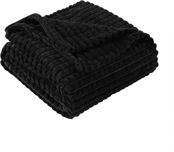 Puncuntex Fleece Throw Blanket Black 50"×60" with Square Grid Design | Super Soft Plush Cozy Flannel Throw Blanket Luxury for Couch Sofa Chair