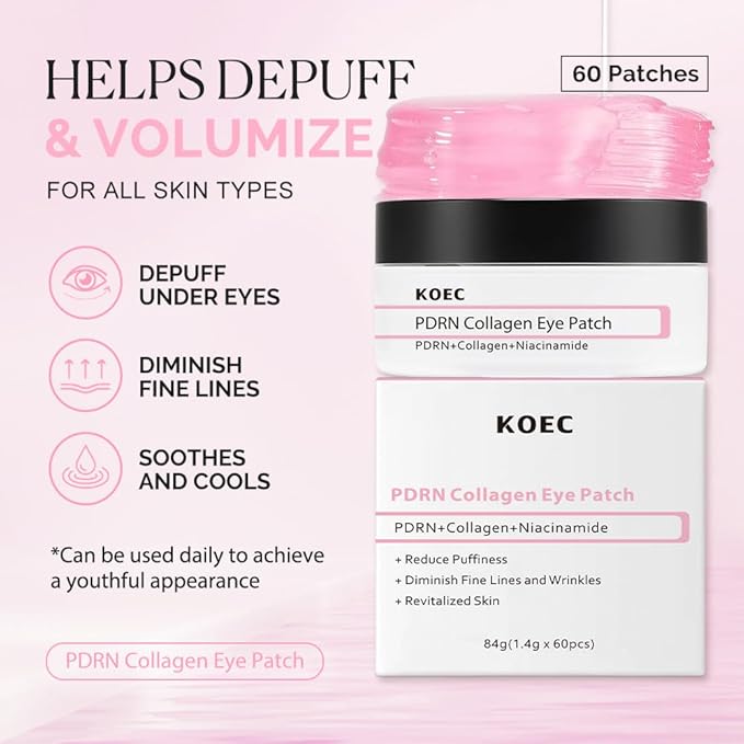 KOEC PDRN Collagen Eye Patch 60,Under Eye Patches for Puffy Eyes and Dark Circles,Eye Mask with Hydrolyzed Collagen & Niacinamide,Bridesmaid Gifts for Woman