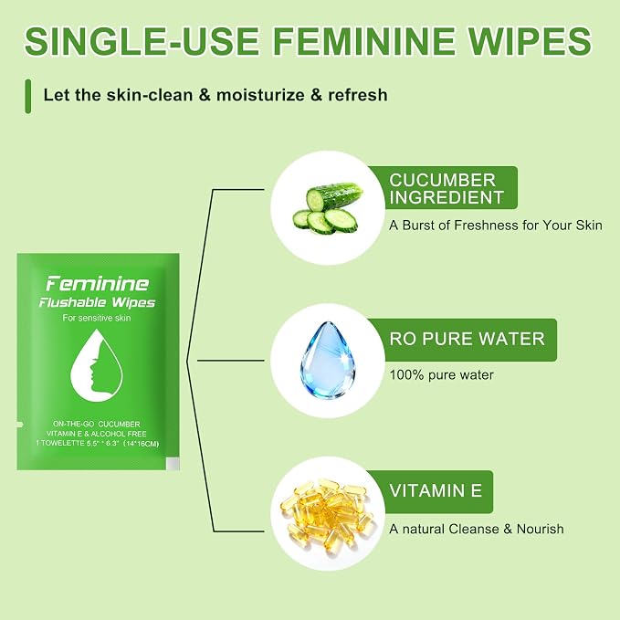twoworld 50 Feminine Wipes Flushable Travel Individually Wrapped | Travel Wipes for Women,Feminine Care Wet Wipes Travel Size Vaginal Wipes for Adult,Girl and Homeless(Cucumber)