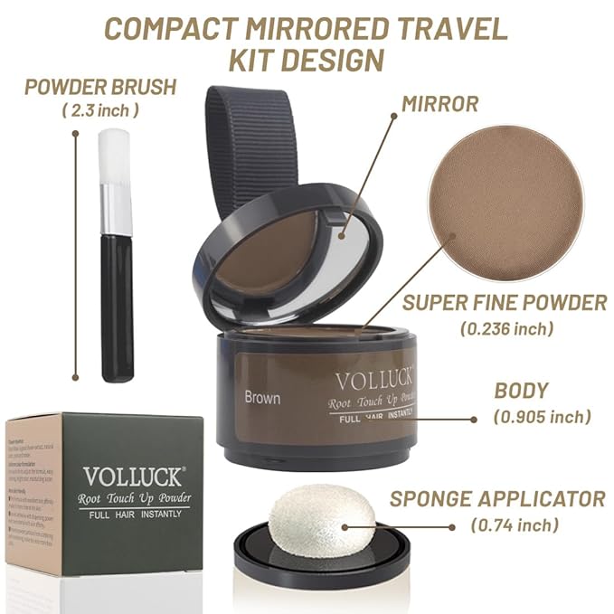 VOLLUCK Root Touch up Powder, Instant Hairline Powder for Thinning Areas and Gray Hair Coverage, Natural and Non-greasy Root Cover up for Women and Men (Brown, 0.14 Ounce)