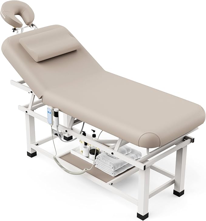 Heating Function 30 Wide x 75 Long Heavy Duty Electric Stationary Massage Table with Backrest Adjustable and Storage Space for Treatment/Medical Spa/Facial/Beauty/Massage Bed and More - Beige Gray