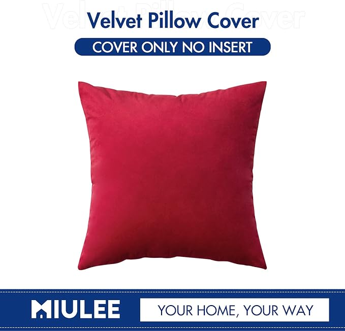 MIULEE 24x24 Inch Euro Velvet Throw Pillow Cover Set of 1 Red | Soft Luxury Decorative Throw Pillow Cover, Single Cushion Case, Home Decor for Chair Couch Sofa Bedroom Car Bed