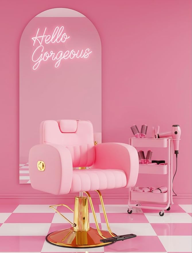 Baasha Ergonomic Black and Pink Salon Chair with Comfortable Thickened Cushions, Heavy Duty Reclining Stylist Chair for Hair braiding, Extensions, Tattooing, Weight Capacity 440 lbs