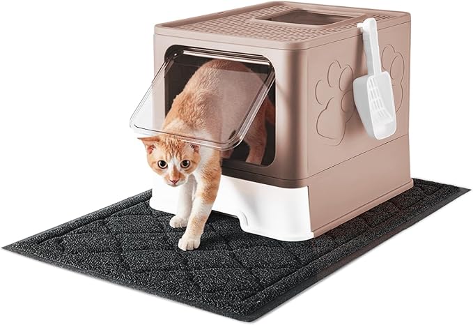 Medario Cat Litter Box with X-Large Litter Mat and Scoop(Upgrade Coffee) | Large Covered Litter Box with Lid, Enclosed Kitty Box,Front Top Entry Exit, Odor Control Easy to Clean