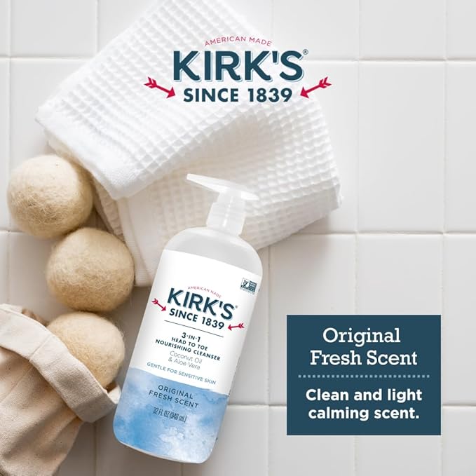 Kirk's 3-in-1 Head to Toe Nourishing Liquid Cleanser & Travel Size Bar Soap - for Men, Women & Children - Premium Coconut Oil and Aloe Vera- Non GMO & Vegan -Original Fresh Scent - 32 Fl Oz. 2 pack