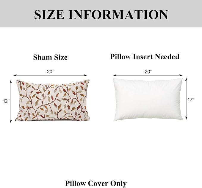 YOUR SMILE Farmhouse Oblong Rectangle Floral Chenille Embroidery Decorative Throw Pillow Case Cushion Cover Lumbar Pillowcase for Sofa 12 x 20 Inch, Brown Leaves