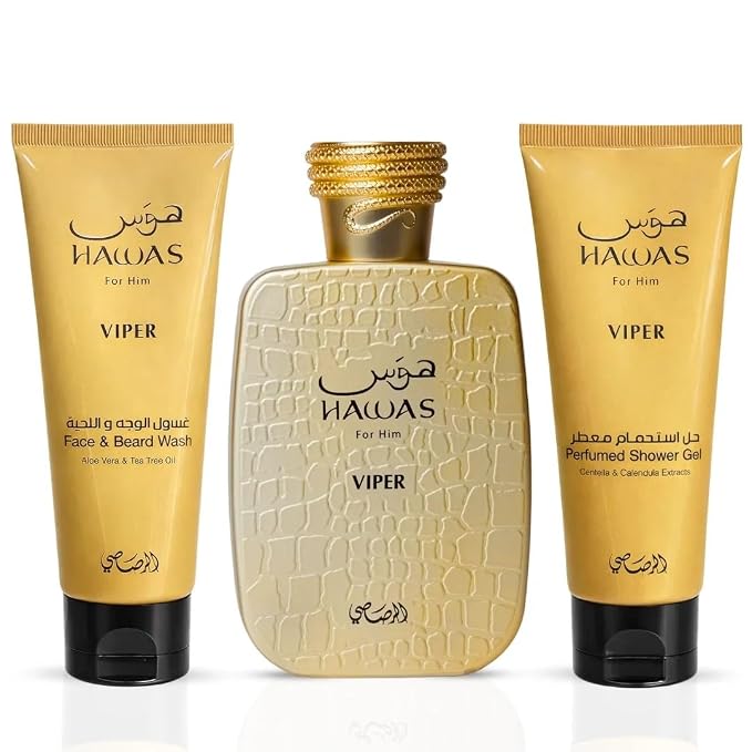 RASASI Hawas Viper 3-Piece Perfume Gift Set Eau de Parfum Spray & Face, Beard Wash & Shower Gel 100ml (3.4 Oz)