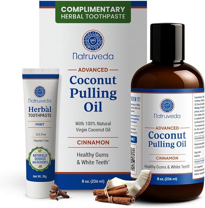 Natruveda Cinnamon Coconut Pulling Oil, 8 oz | Advanced Ayurvedic Oil Pulling Mouthwash with Virgin Coconut Oil, Clove & Sesame | Alcohol-Free Oral Care | with 20g Herbal Toothpaste