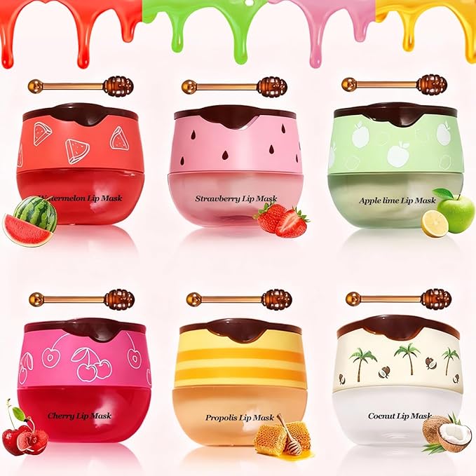 Honey Lip Balm, Strawbemy Apple Watermelon Cherries, Coconuts, Peaches, Grapes, Mint Lip Mask, Moisturizing Lip Sleeping Mask, Hydrate Repair Prevent Dry Cracked Lip (6 Flavors)