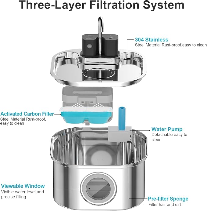 Wireless Cat Water Fountain with 3 Filters + 3 Sponges,[Rechargeable & Faucet ] Stainless Steel Battery Operated,108oz/ 3.2l Automatic Cordless Pet Fountain -Dog Fountain with 4200 Mah Battery