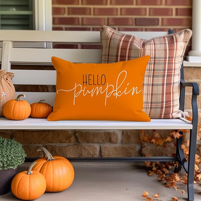 RABUSOFA Fall Pillow Covers 12x20 Hello Pumpkin Decorative Throw Pillows | Lumbar Outdoor Autumn Thanksgiving Cushion Cover Farmhosue Fall Decor for Bedroom Couch Sofa Orange