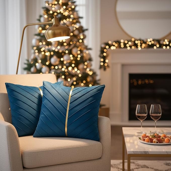 Velvet Throw Pillow Covers 22x22 Pack of 2 Gold Decor Lake Blue | Soft Solid Pillow Covers,Modern Luxury Home Decor,for Couch Chair Sofa Bedroom Livingroom,Hidden Zipper,Ideal Gift,Easy Care