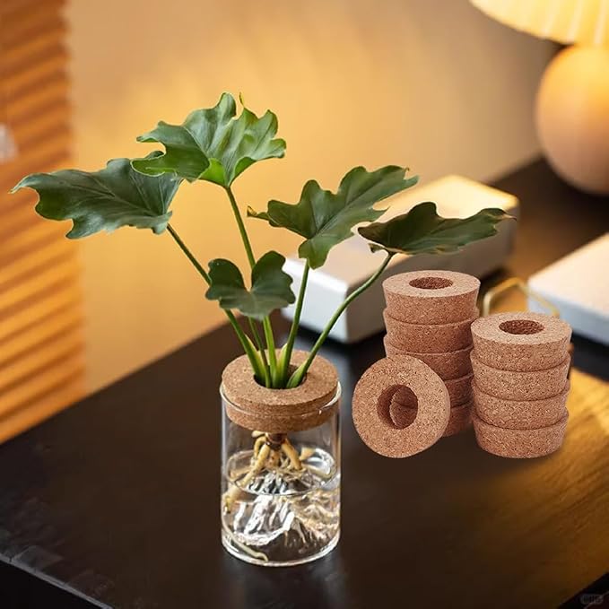 OLYCRAFT 10Pcs Cork Lids with Center Hole 2.3-2.5 Inch Plant Corks | 1.2 Inch Hole Cork Stoppers for Glass Planter, Vase Lids Cork Replacement for Hydroponics Plant Growing Vases - 0.8 In Thick