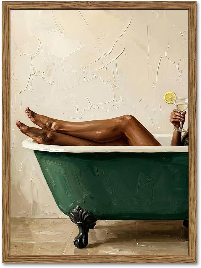 Black Woman Green Bathtub Wall Art Modern Luxury Bathroom Wall Decor Painting, Vintage Afrocentric Girl Bathroom Poster Canvas Print Picture 12x16 inch Wood Framed