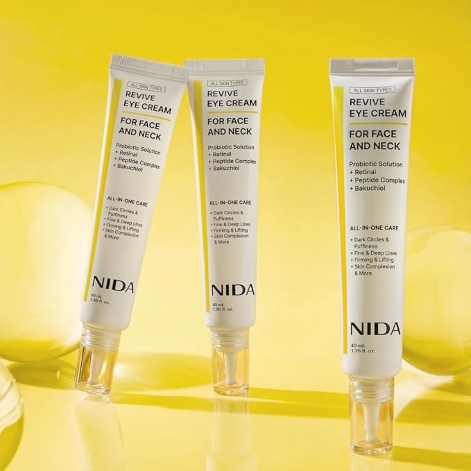 NIDA Revive Eye Cream For Face And Neck | Probiotics Lystate Solution, Retinal, Peptide Complex, Bakuchiol | Wrinkles, Fine Lines, Cell Turnover, Firm Skin Texture, Radiant Skin | 1.35 fl. oz., 40ml