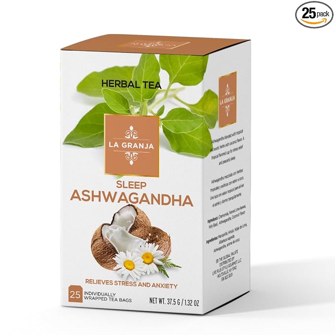 Life Plus Style Gourmet La Granja Sleep Ashwagandha Herbal Tea 25 Individually Wrapped Tea Bags Caffeine Free Nighttime Blend with Chamomile Holy Basil and Fennel Lime Leaves