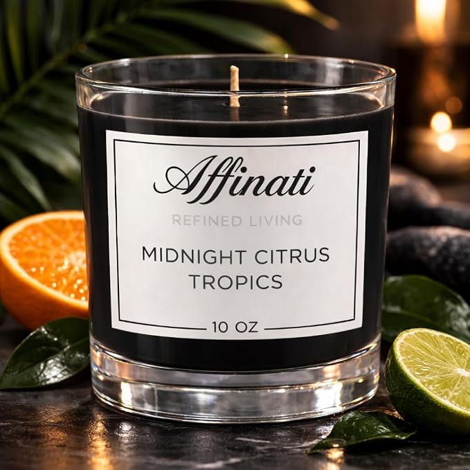Midnight Citrus Tropics Affinati 10 oz Scented Candle for Home – Long Lasting Fruity Soy Blend Candle with Wooden Wick, Strong Scent Throw Glass Jar Candles, Premium Clean Burning Aromatherapy Gifts