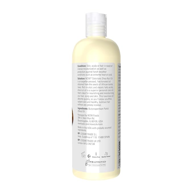 NOW Foods Solutions, Shea Nut Oil, Multi-Purpose Intense Moisturizing Oil for Skin, Scalp and Hair, 16-Ounce